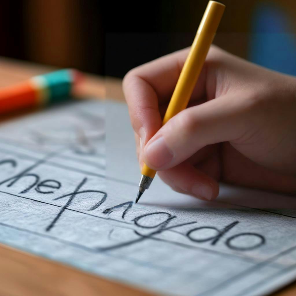 A mão de uma criança adotando a pegada de tripé em um lápis, com massa de modelar ao lado e letras traçadas levemente visíveis em um quadro-negro ao fundo