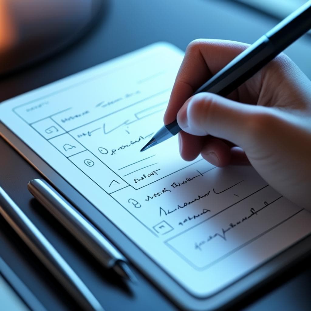 A hand holding a pen writing on a futuristic digital notepad.