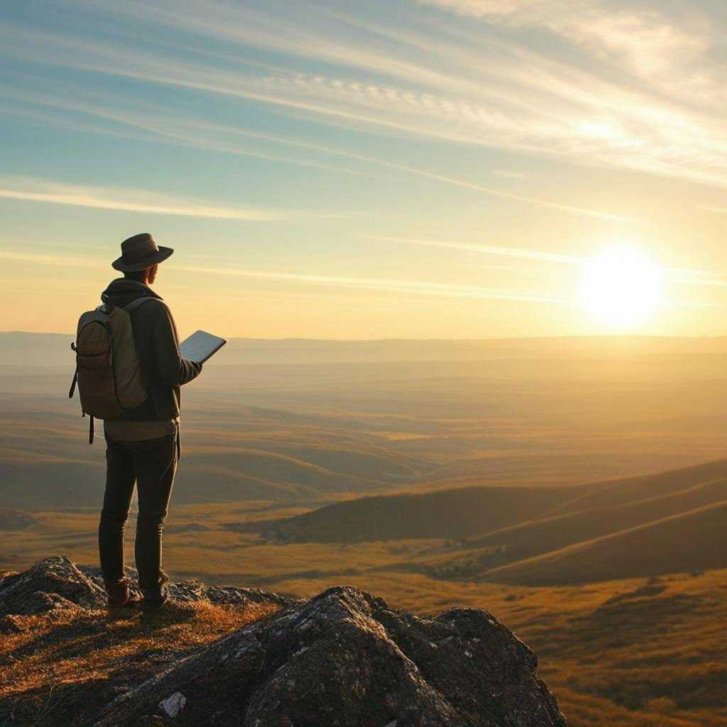 Un viaggiatore si trova su una collina, osservando una vista panoramica di paesaggi vari, tenendo un taccuino e una penna contro un cielo sereno e illuminato dal sole.