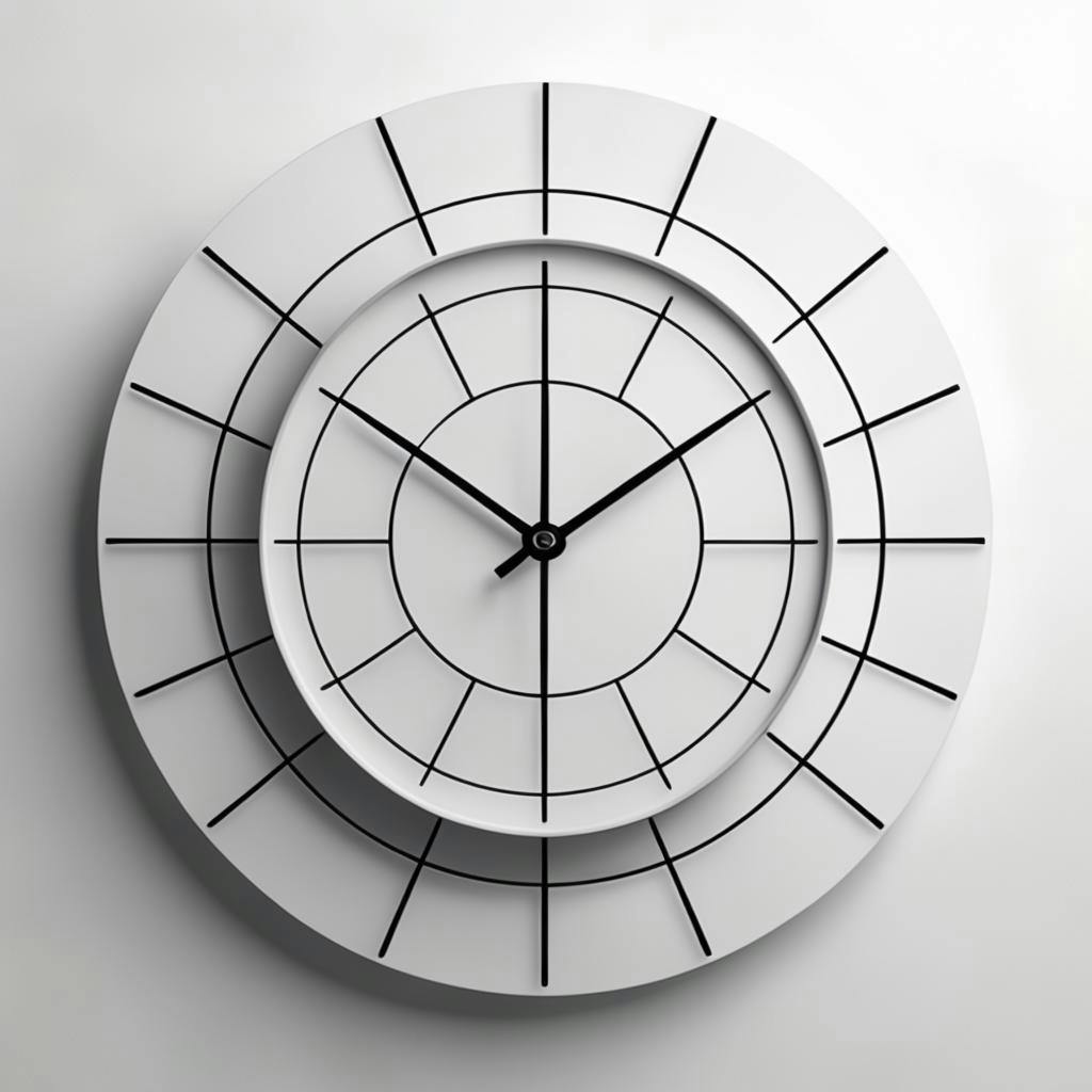 a sleek, modern clock with its hands pointing to a specific time, surrounded by abstract geometric shapes connected with lines, all set against a minimalist background.