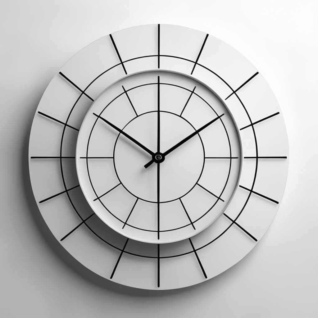 un reloj moderno y elegante con sus agujas apuntando a una hora específica, rodeado de formas geométricas abstractas conectadas con líneas, todo contra un fondo minimalista.