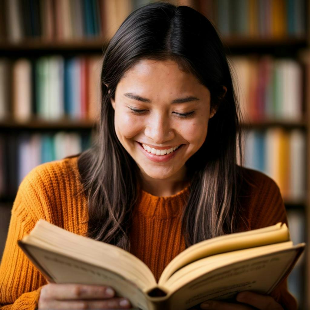 A person holding open a book, smiling while learning a new language.