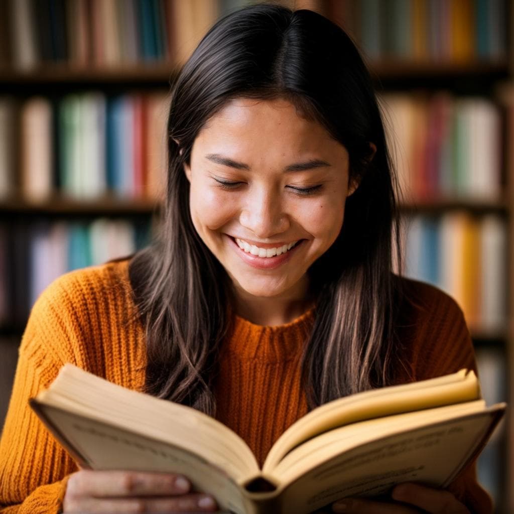 Una persona che tiene aperto un libro, sorridendo mentre impara una nuova lingua.