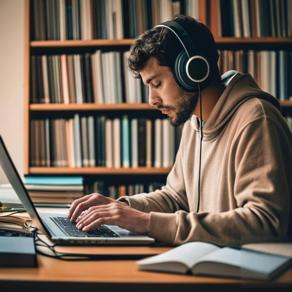 A person typing on a laptop with headphones on, surrounded by books and notebooks.