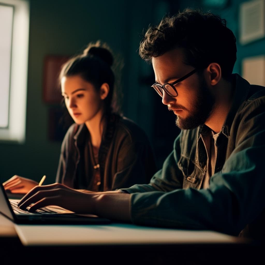 Un grupo de personas trabajando juntas frente a computadoras, colaborando en un proyecto de escritura. El enfoque está en el trabajo en equipo y el intercambio de ideas para mejorar las habilidades de escritura.