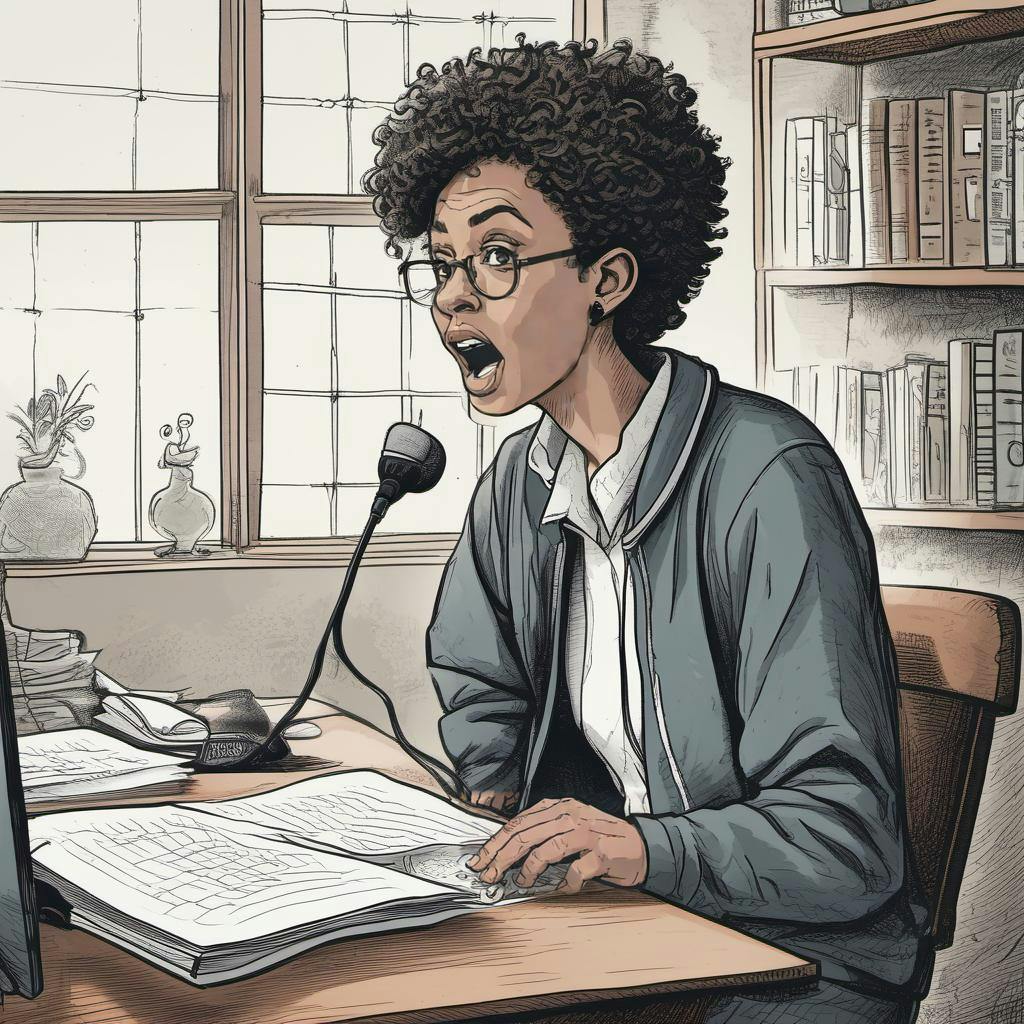 Photo of a person speaking out loud in their study.