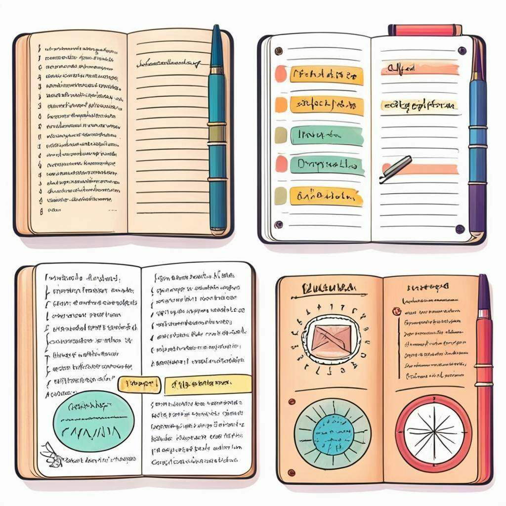 Una imagen que muestra ejemplos de diarios de idiomas bellamente diseñados, con ilustraciones coloridas, marcadores y notas manuscritas sobre palabras de vocabulario.