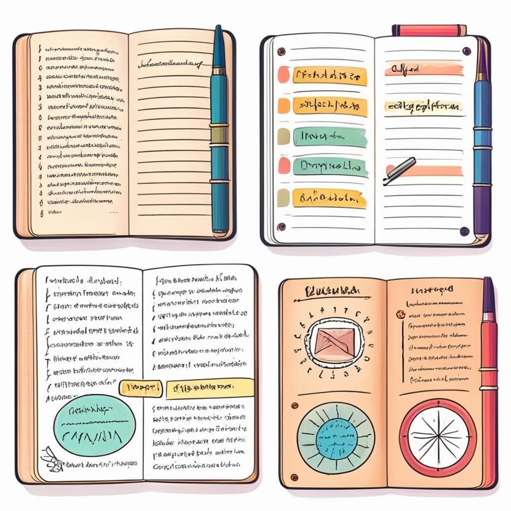 An image showcasing examples of beautifully designed language journals, featuring colorful illustrations, markers, and handwritten notes on vocabulary words.