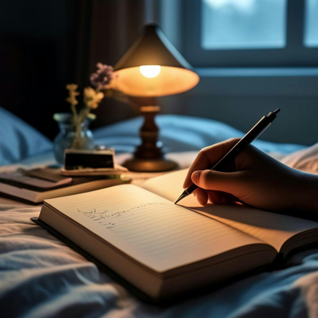 꿈 일기를 쓰고 있는 사람, 침대 옆 탁자에 펜과 노트북이 있고, 부드러운 빛이 장면을 밝히고 있습니다.