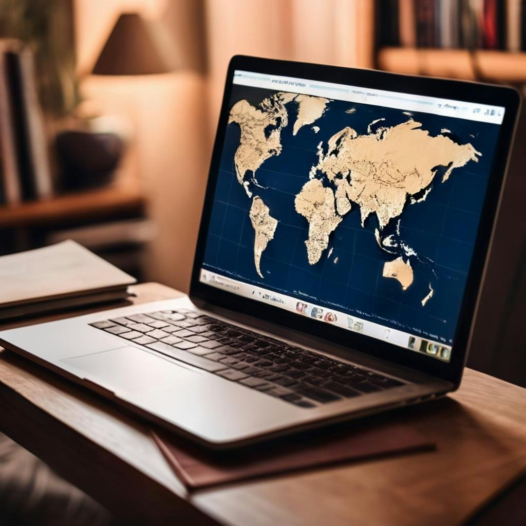 O persoană ținând o carte și urmărind un film francez pe laptopul său în timp ce stă în fața unei hărți a lumii.