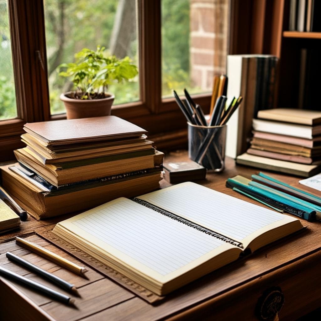 Uma coleção de livros e ferramentas de escrita em uma mesa de madeira.