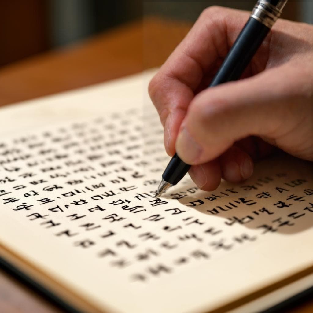 A person writing in Hangul, the Korean alphabet, showcasing its unique structure and phonetic consistency.