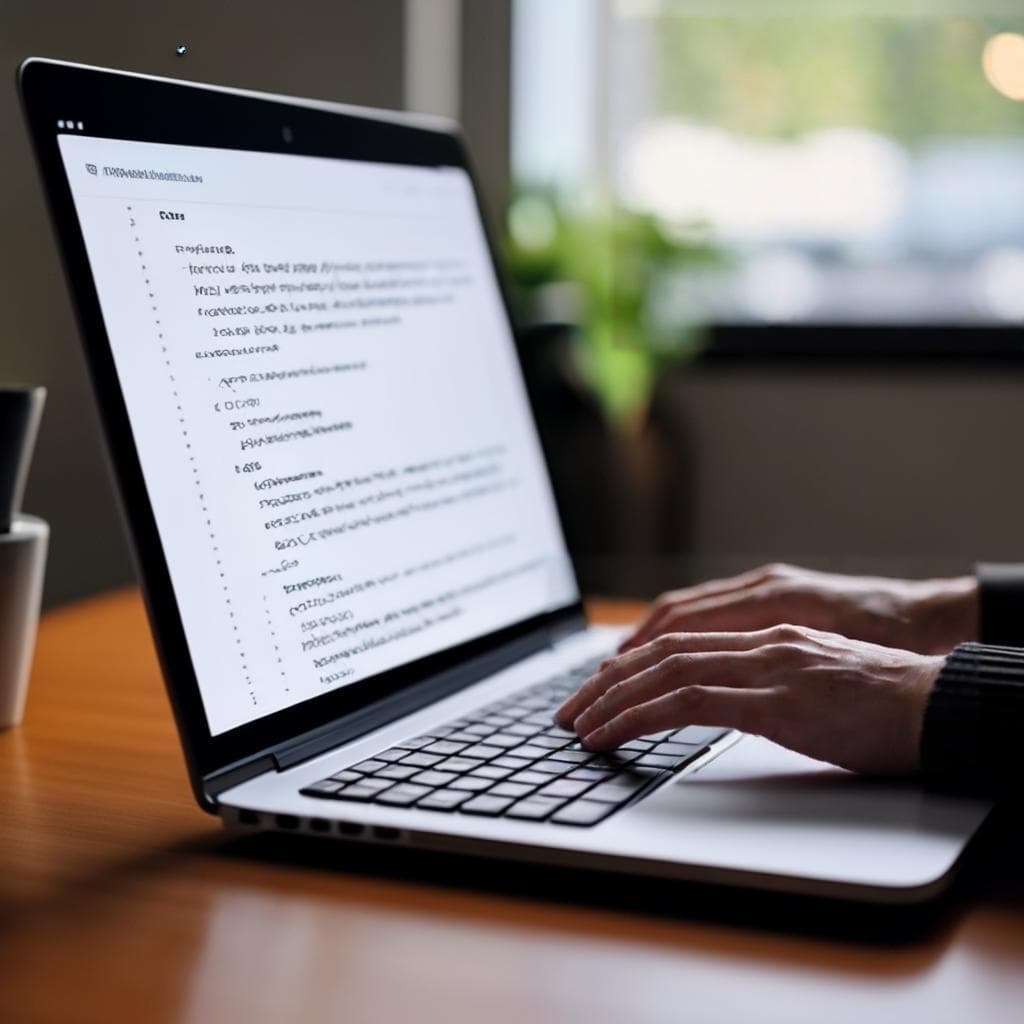 Una persona tecleando en una laptop con Linguisity, un asistente de escritura potenciado por IA, abierto en su pantalla.