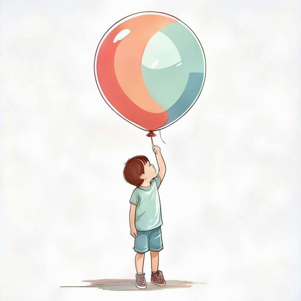 複雑なトピックを、例えば飛行機が空に留まる理由を、簡単に理解できるような単純な言葉で説明する概念を表している、ヘリウムバルーンを持つ子供のイラスト。