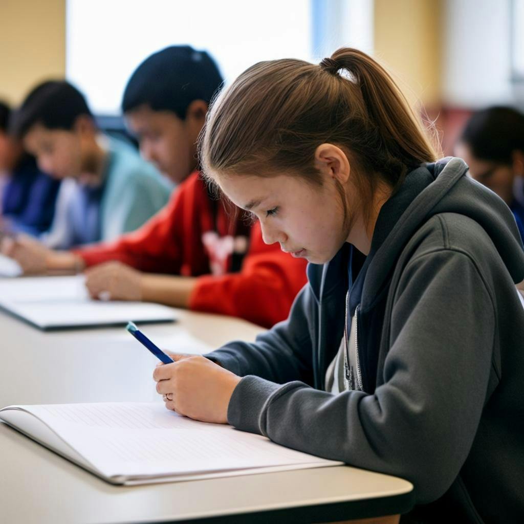 一张学生在教室里用笔记本电脑写作，周围同学正在用纸笔做笔记的照片。