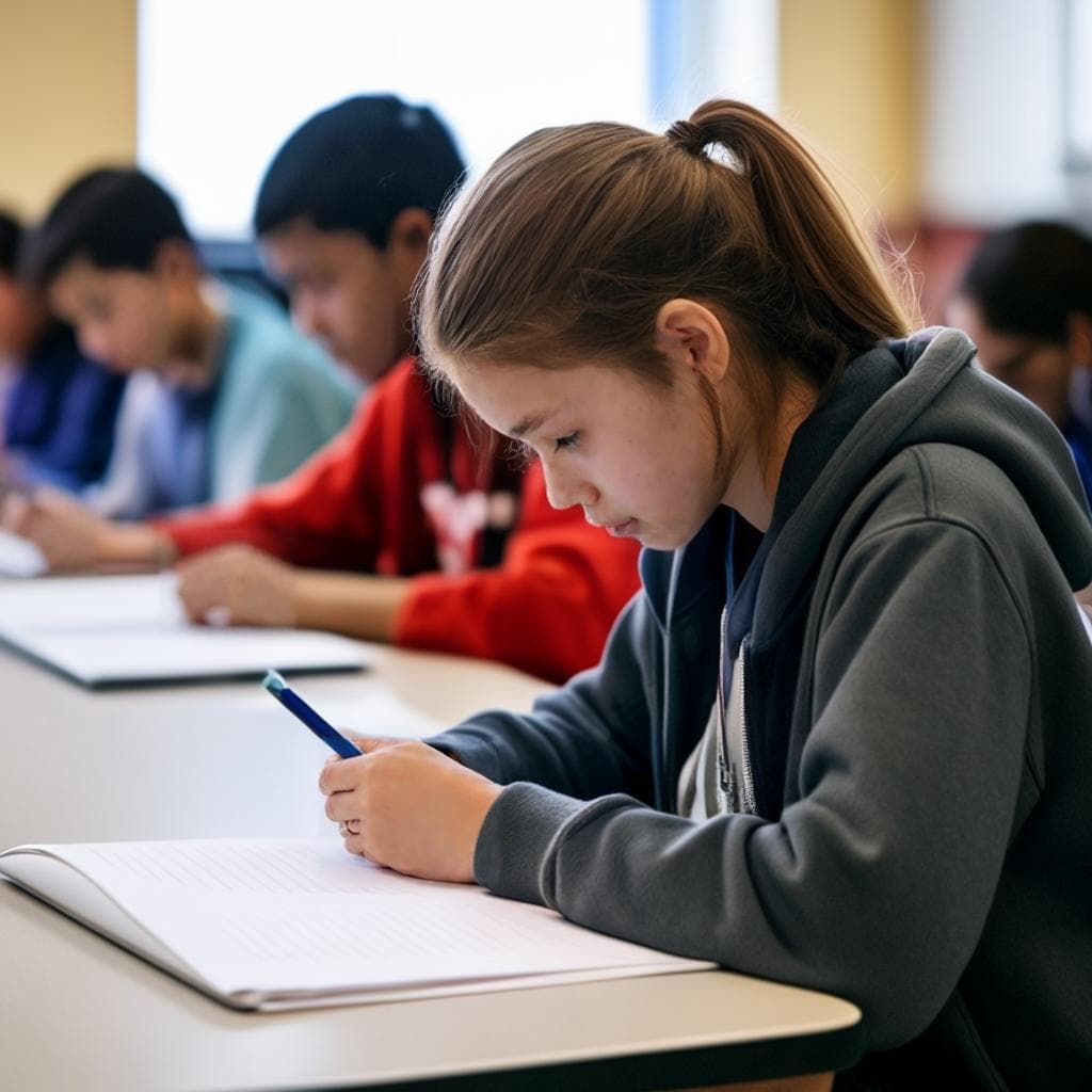 A photo of a student writing on a laptop in a classroom setting, surrounded by classmates taking notes on paper.