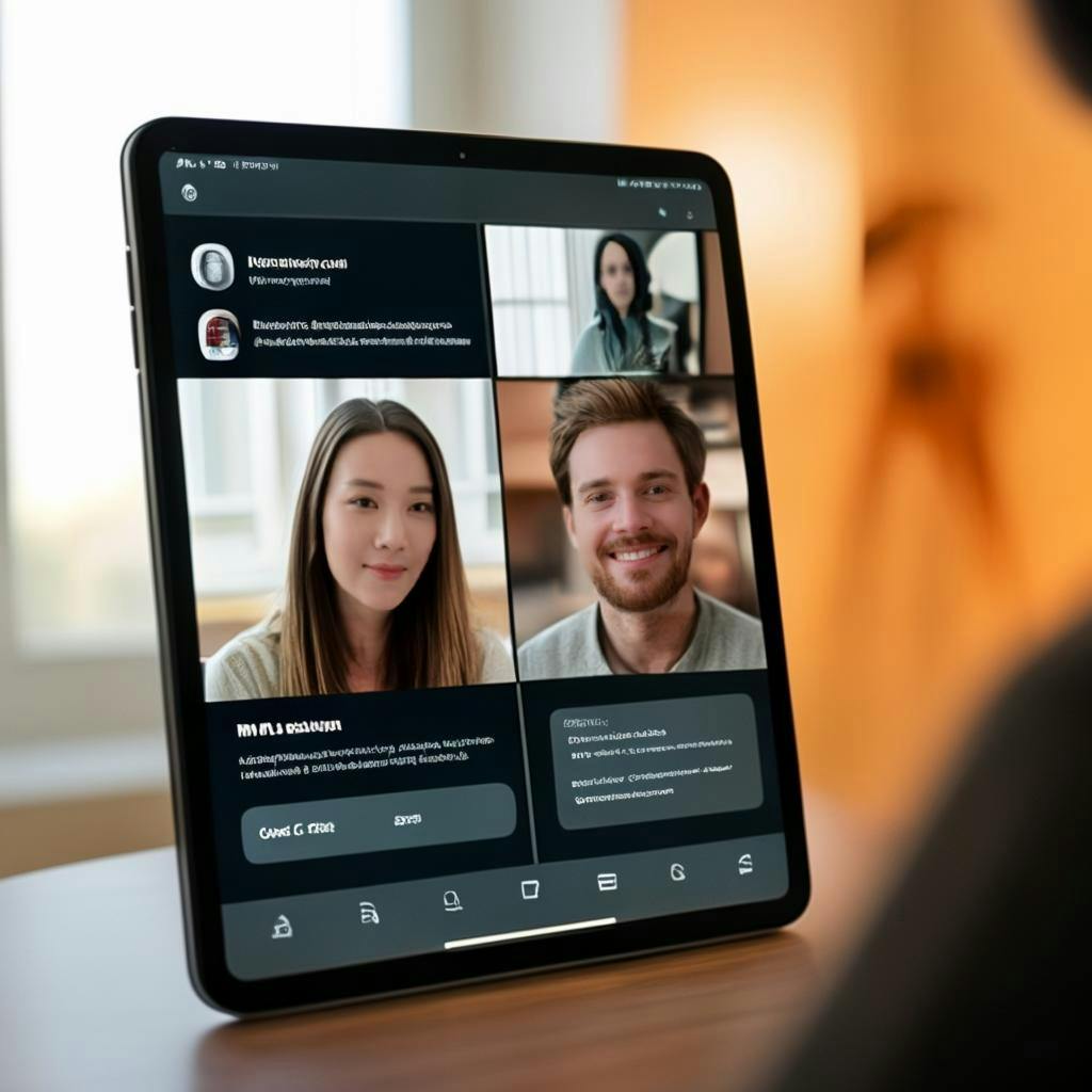 Una pantalla de tableta mostrando a dos personas en una videollamada y una conversación de chat en un fondo desenfocado.