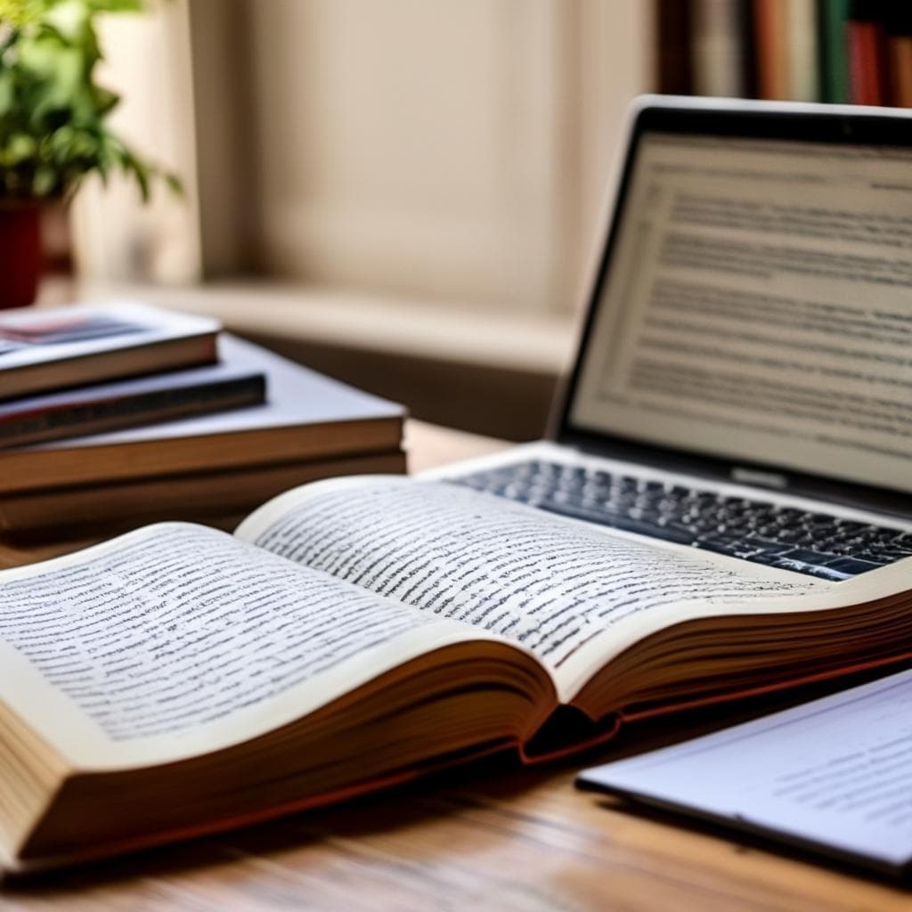 A person writing on a laptop with a French dictionary and books nearby, focusing on improving their French writing skills.