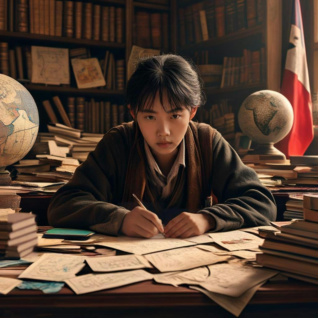 A person with a puzzled expression sits amidst a cluttered study filled with books, flashcards, and a globe, while faint outlines of international flags and ancient scripts appear in the background