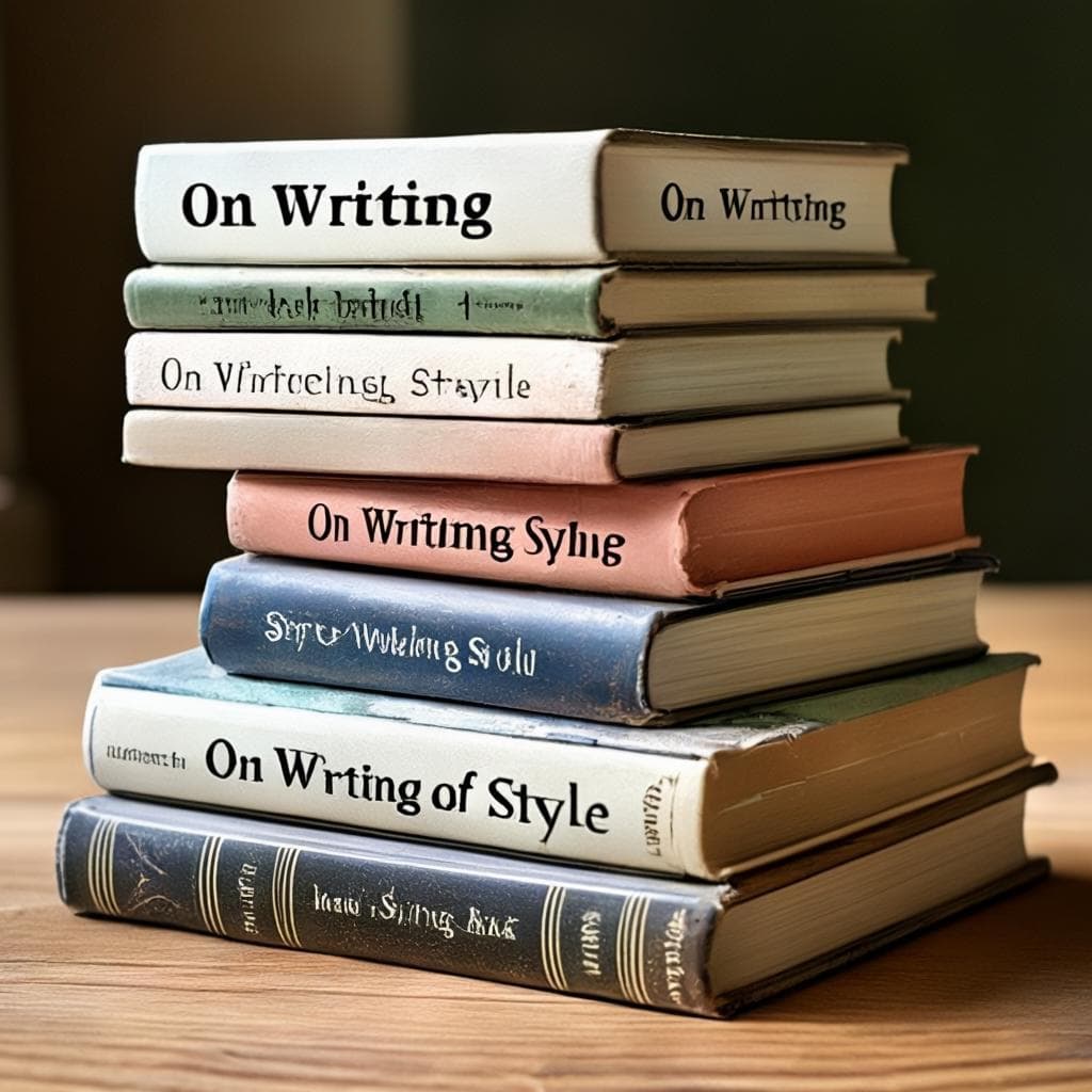 Isang tumpok ng mga libro tungkol sa pagsusulat na may mga pamagat na "Sa Pagsusulat", "Ibon sa Ibon", at "Ang Mga Elemento ng Estilo" na nakapatong sa isa't isa.