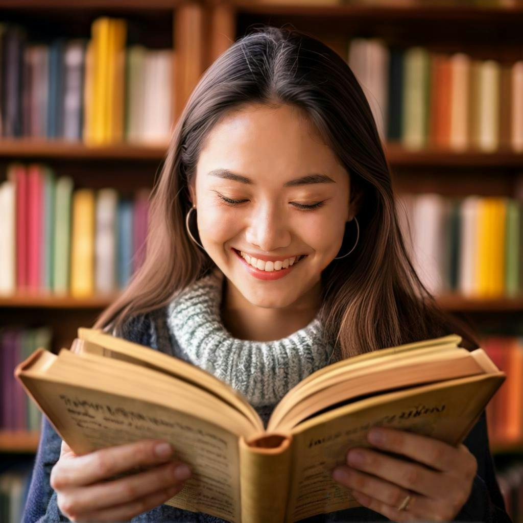 A person holding open books in different languages while smiling and learning.