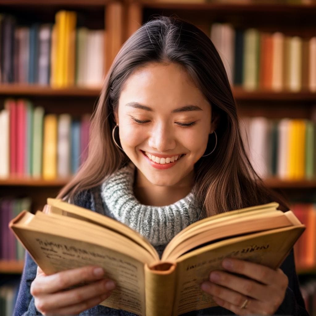 Una persona sosteniendo libros abiertos en diferentes idiomas mientras sonríe y aprende.