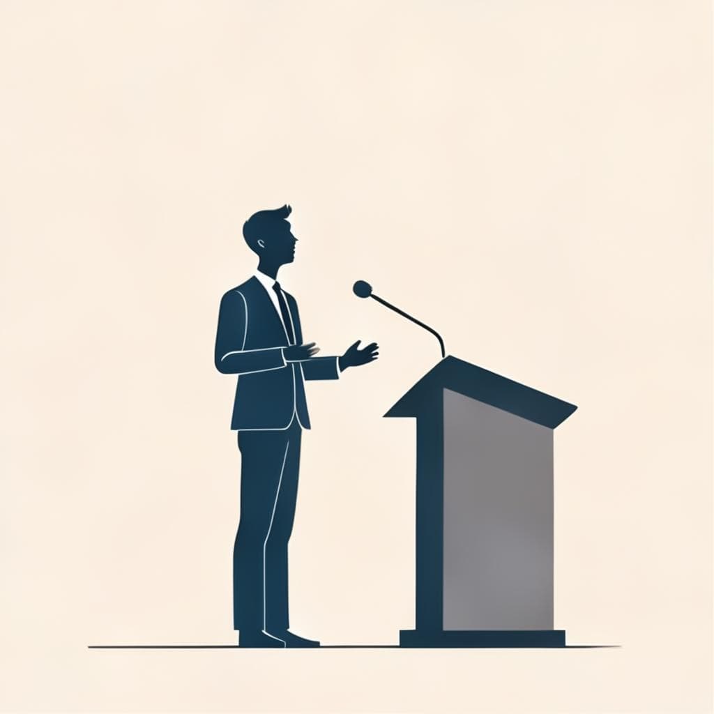O ilustrație a unei persoane stând la un podium, livrând un discurs sau o prezentare persuasivă. Această imagine transmite importanța adaptării stilului de scriere la diferite genuri și formate, cum ar fi vorbirea în public.