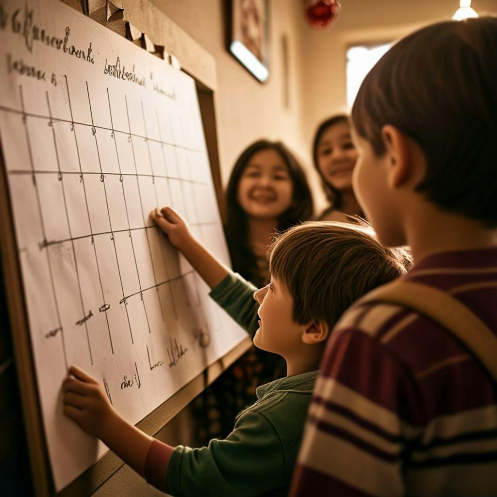 A child proudly displaying their writing achievements on bulletin board, surrounded by family members who are smiling and congratulating them.