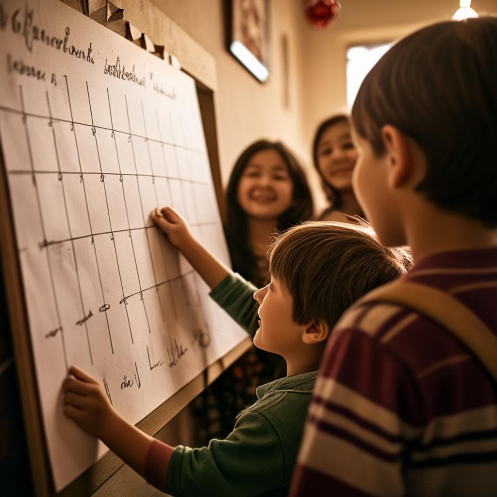 Ein Kind zeigt stolz seine Schreiberfolge auf einer Pinnwand, umgeben von Familienmitgliedern, die lächeln und gratulieren.