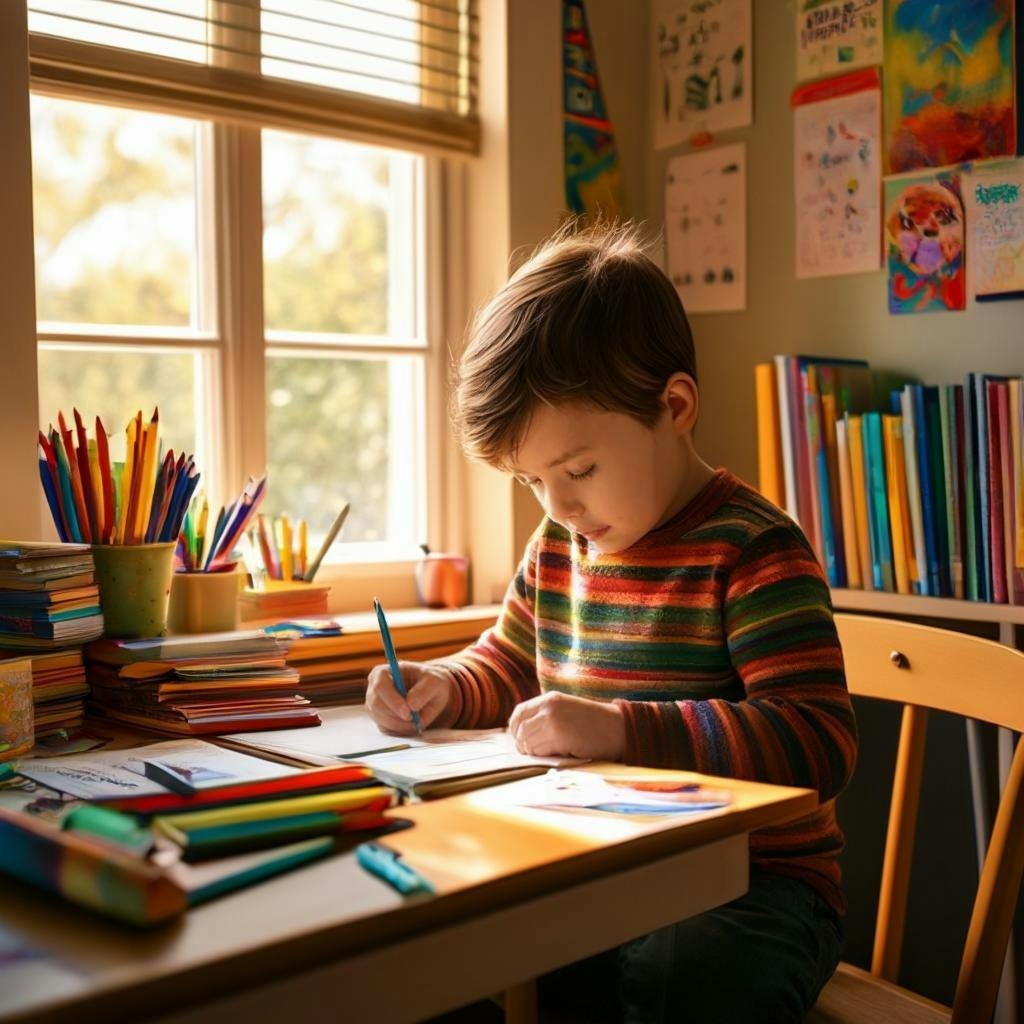 A young child sitting at a desk in a cozy, well-lit room, writing in a notebook with a pencil, surrounded by colorful desk accessories and motivational posters on the wall.