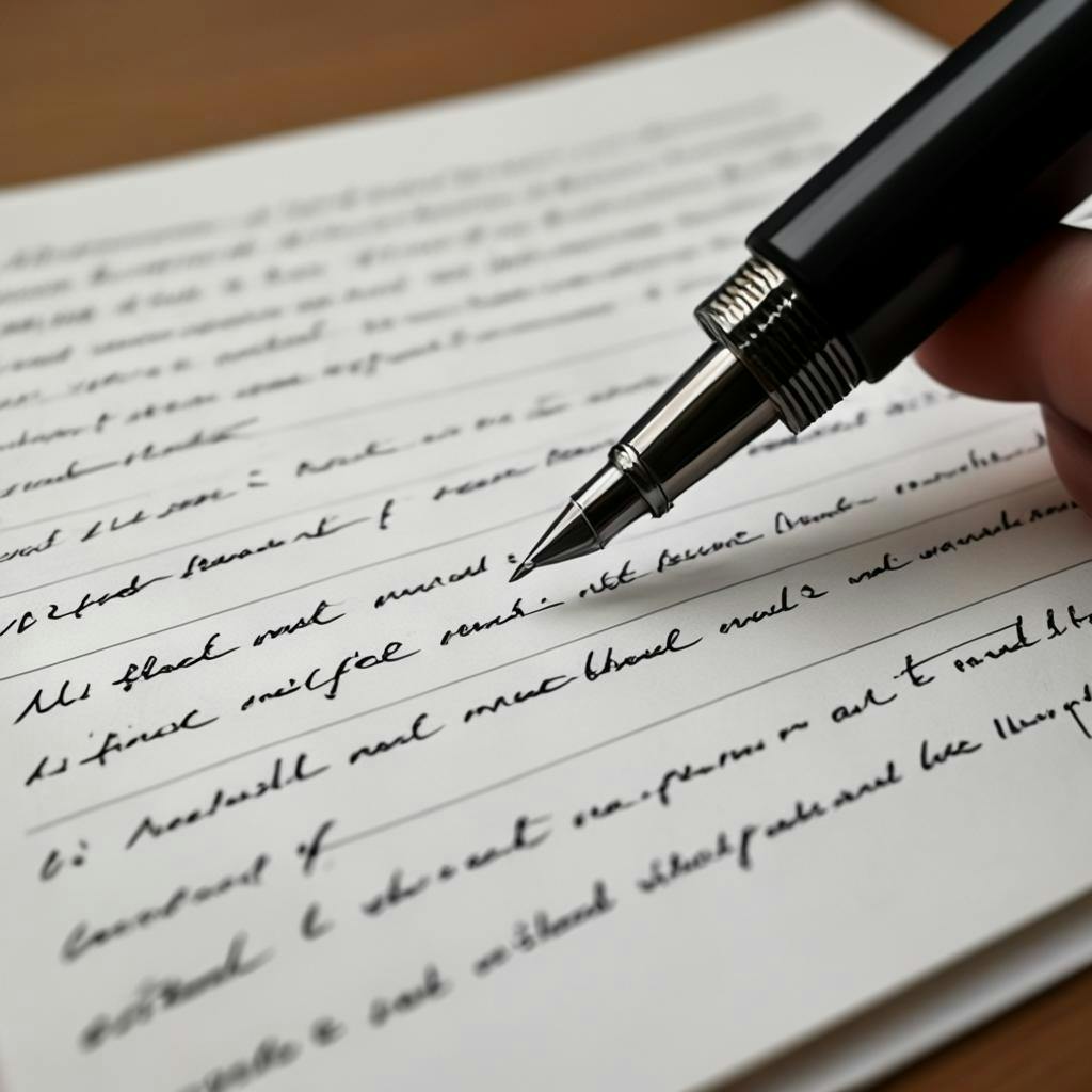 A hand holding a fountain pen above a sheet of paper with partially written sentences and bullet points, showing the pen's ink and a subtle background pattern resembling lined paper