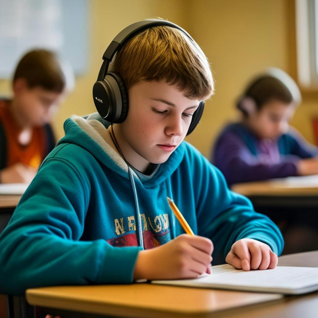 A student working on a writing assignment in class while wearing noise-cancelling headphones to minimize distractions.