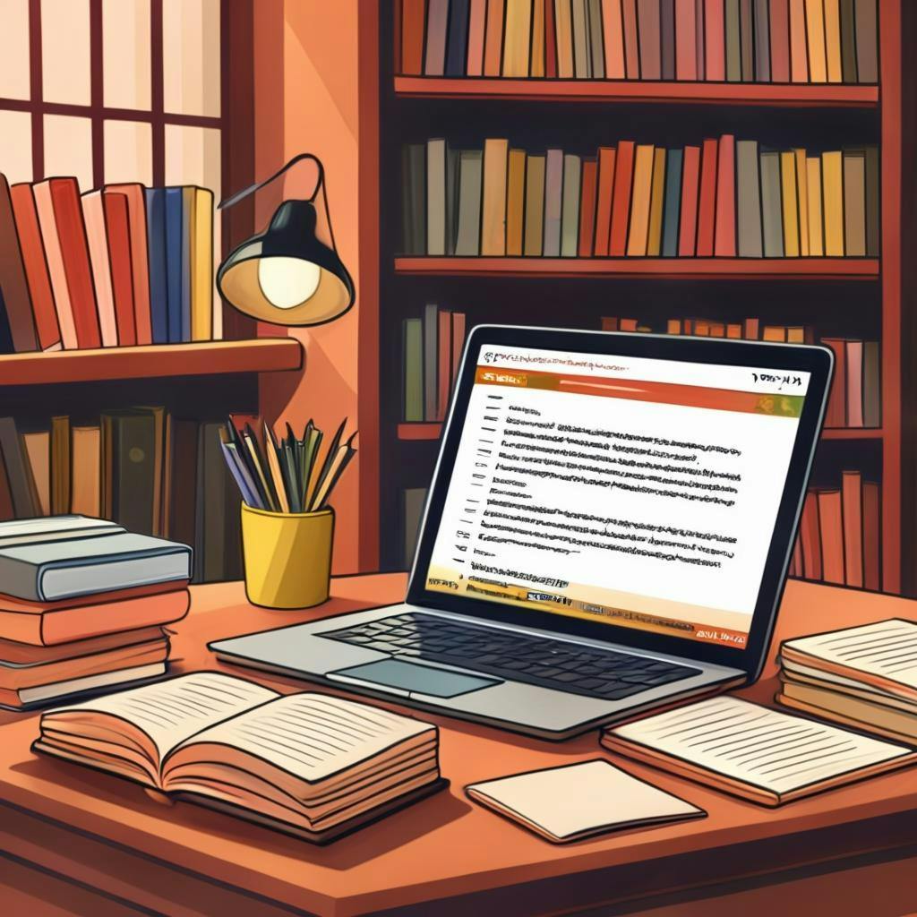 Osoba pisząca na laptopie z hiszpańskim tekstem na ekranie, otoczona książkami i zeszytami, symbolizująca wskazówki do poprawy umiejętności pisania po hiszpańsku.