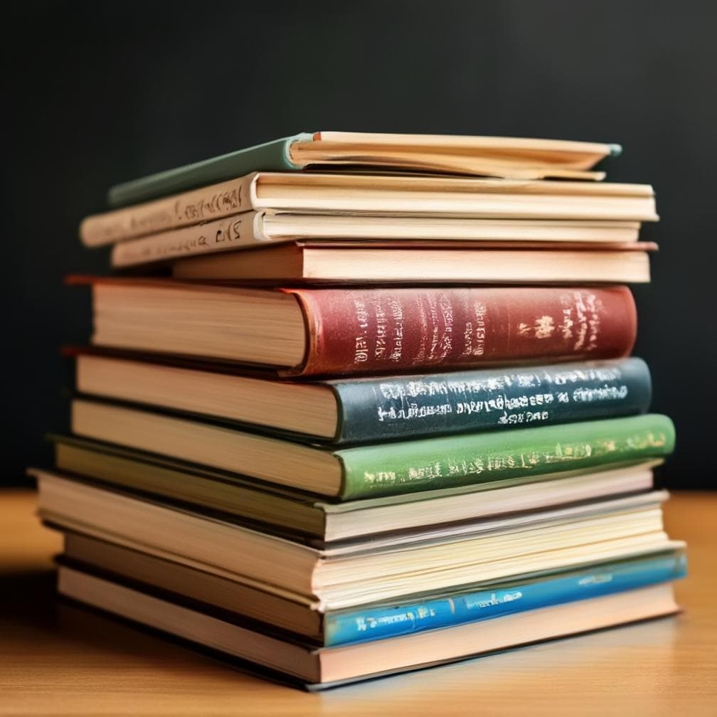 A stack of books in various languages.