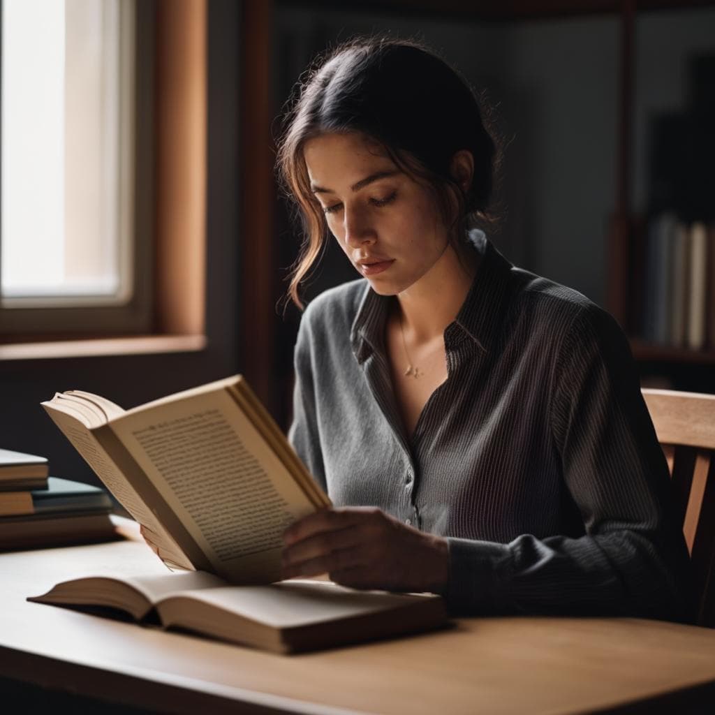 A person holding open a book and looking thoughtful while sitting at a desk.