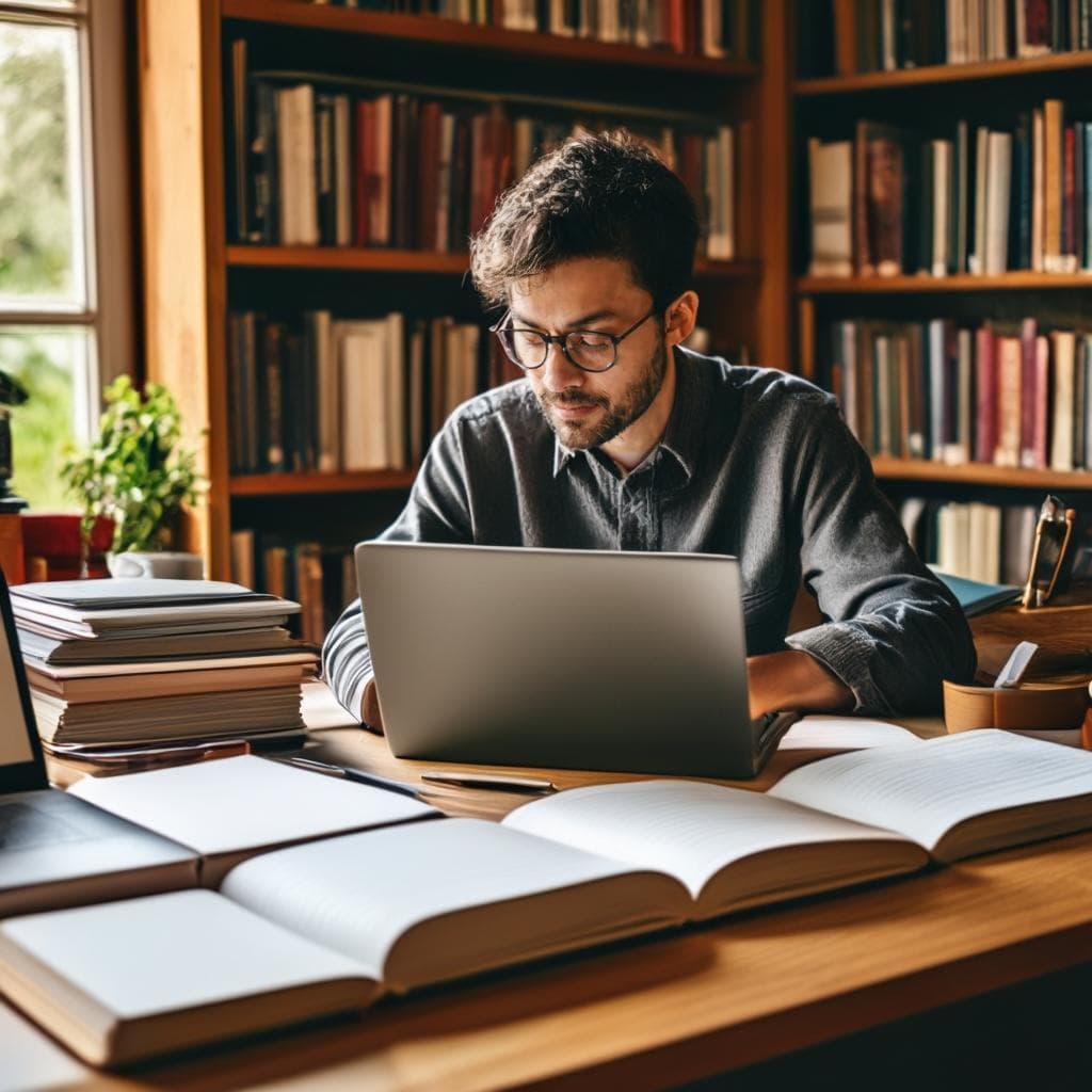 Чалавек, які сядзіць за сталом з ноўтбукам і запіснай кніжкай, акружаны кнігамі і пісьмовымі матэрыяламі, які засяроджаны на паляпшэнні сваіх навыкаў пісьма праз розныя метады, такія як выкарыстанне граматычных інструментаў і пошук водгукаў ад іншых.