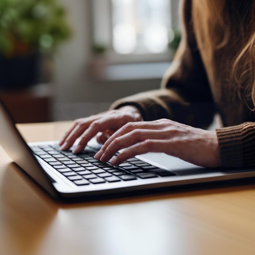 A person typing on a laptop while using AI-powered language mastery tool, Linguisity, to improve their writing skills in a second language.