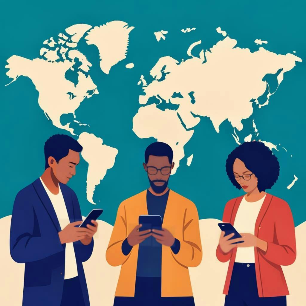 Un grupo diverso de personas, abarcando diferentes rangos de edad y culturas, cada uno utilizando sus smartphones o tabletas contra el fondo de un mapa mundial estilizado.