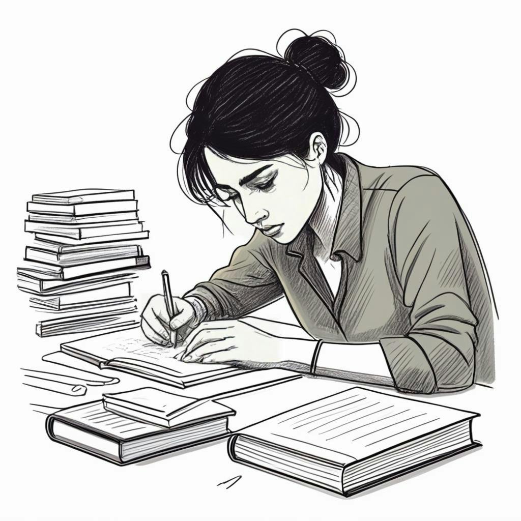 Eine Illustration einer Person, die an ihrem Schreibtisch schreibt, umgeben von Büchern und Notizen, mit einem nachdenklichen Ausdruck im Gesicht.