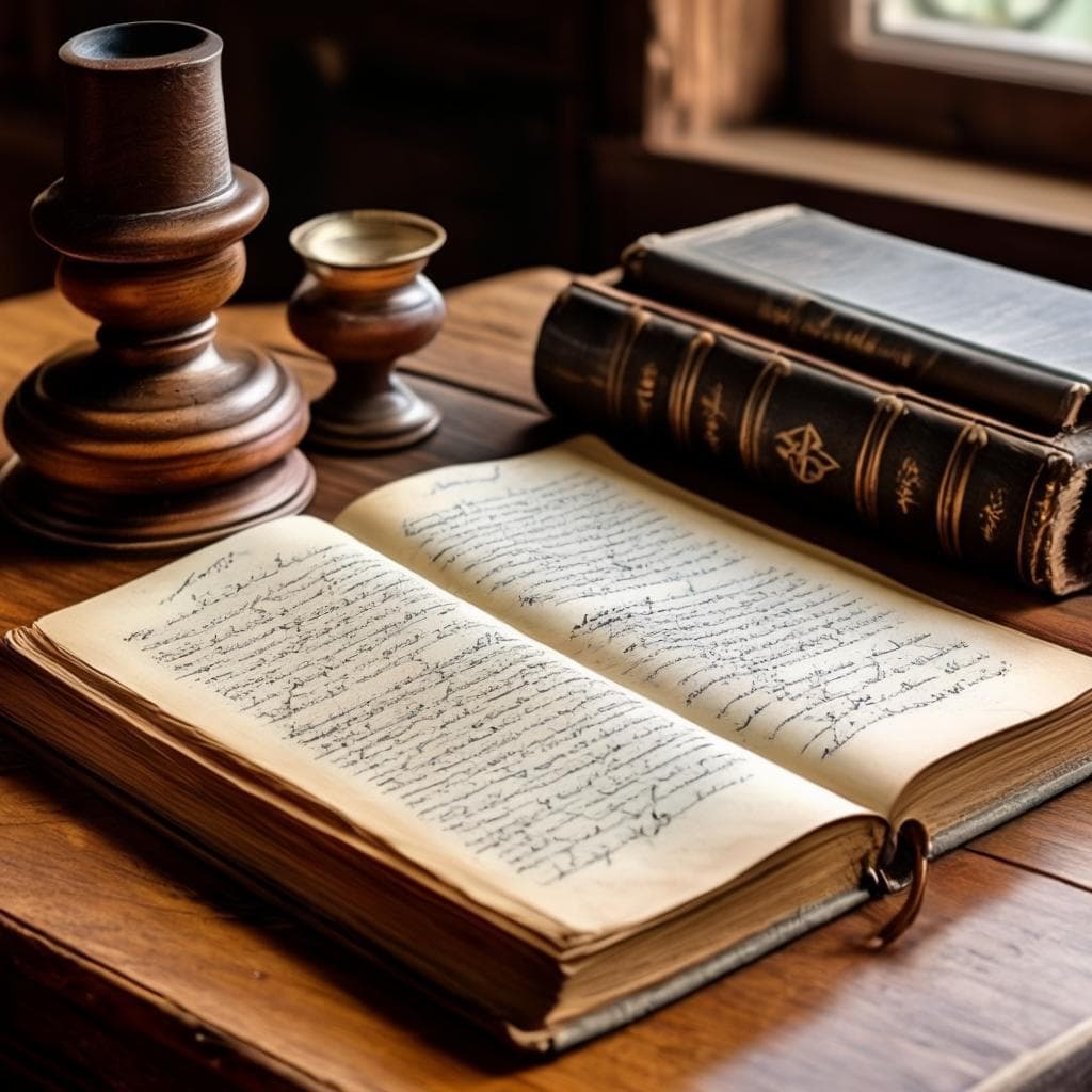 a vintage open grammar book, displayed on a wooden desk alongside a quill pen, inkwell, and handwritten conjugation practice sheets.