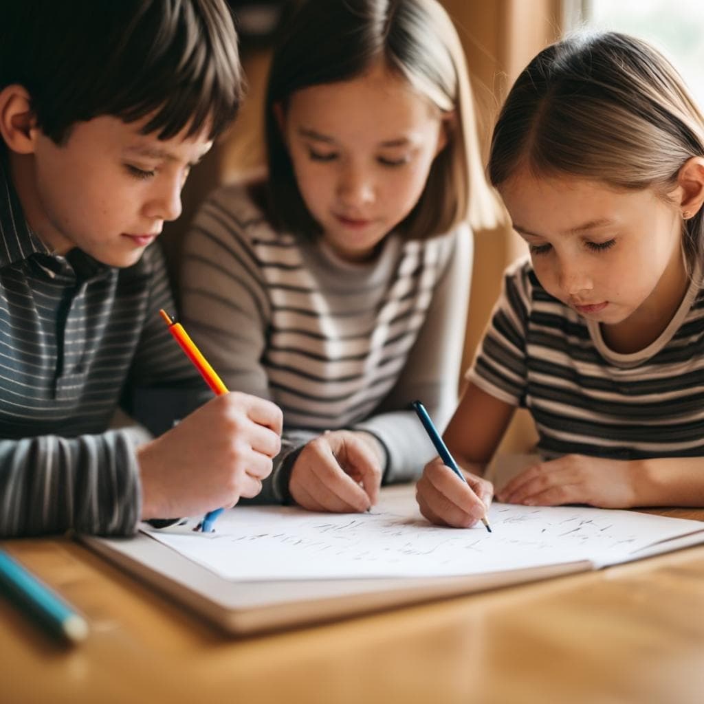 Uma família sentada junta à mesa, com um caderno e canetas, envolvida em atividades de escrita.