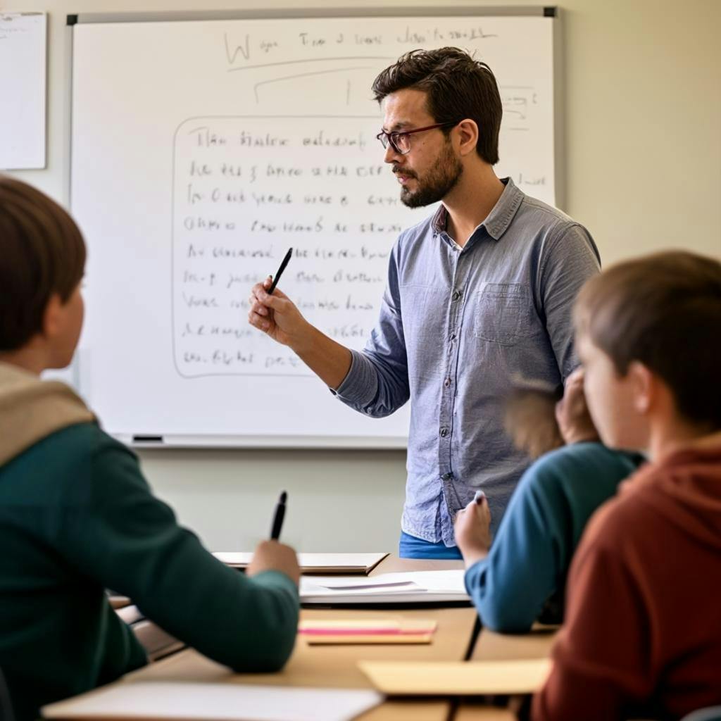 A teacher demonstrating effective writing techniques on a whiteboard, surrounded by students taking notes and engaged in discussion.