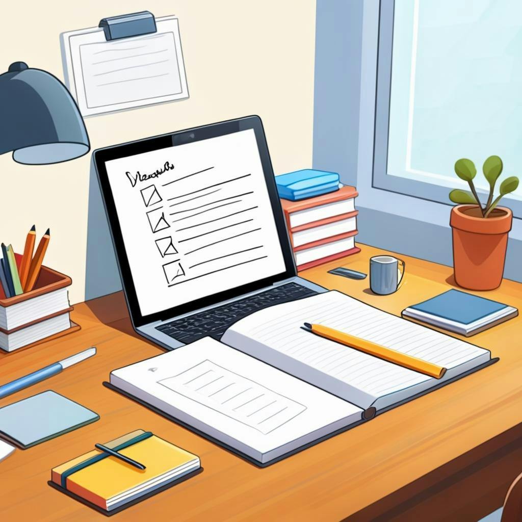 یک شخص پشت میزی با دفترچه یادداشت، یادداشت‌های چسبان، یک تخته سفید، کتاب‌ها، و وسایل نوشتاری، همراه با یک دستگاه دیجیتال که یک برنامه نویسندگی را نمایش می‌دهد