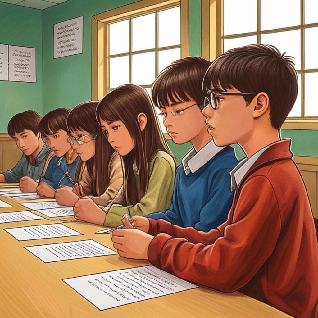 Un grup de studenți participând la o activitate de licitație a propozițiilor, unde licitează pe propoziții cu diverse erori gramaticale și ortografice pentru a le identifica și corecta.