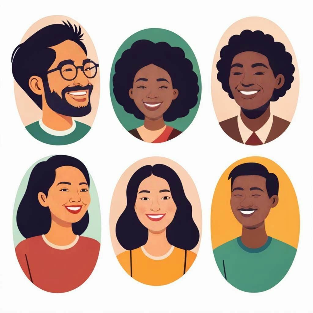 مجموعة متنوعة من الأشخاص يبتسمون ويتحدثون بلغات مختلفة، مما يرمز إلى الثنائية اللغوية والمتعددة اللغات.