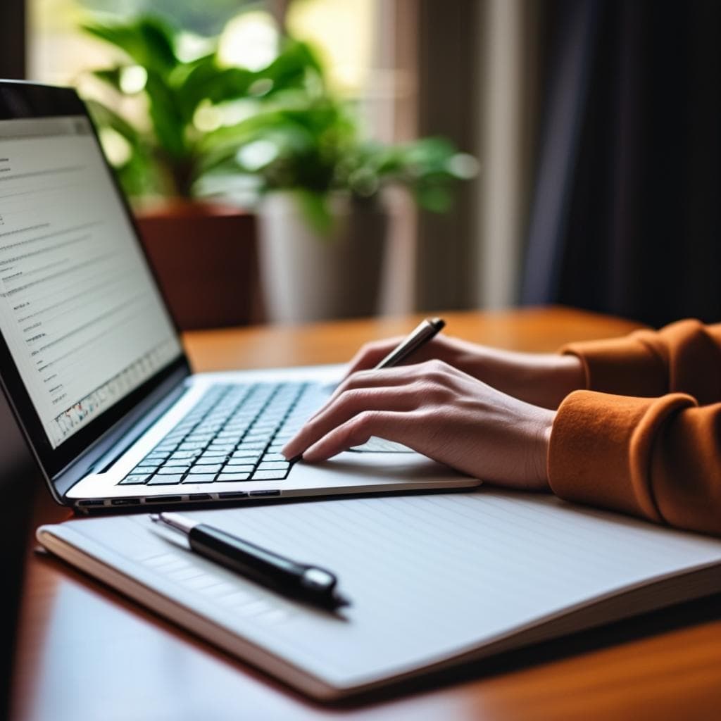 Uma pessoa digitando em um laptop com um caderno e caneta por perto, simbolizando a prática de habilidades de escrita em casa.