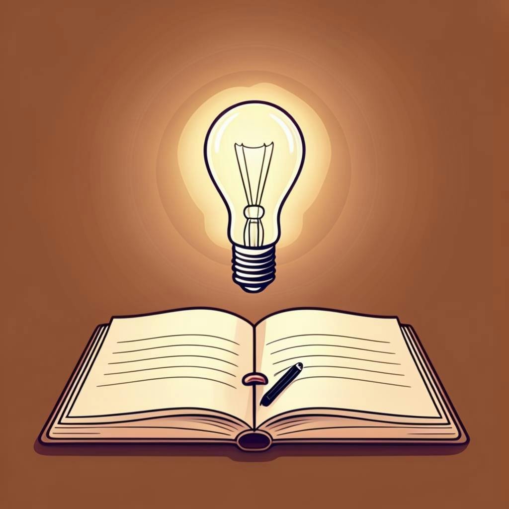 A stylized illustration of a light bulb, symbolizing the "ah-ha" moment of inspiration for an ESL writer. The background features a notebook to represent the beginning of a new writing project.