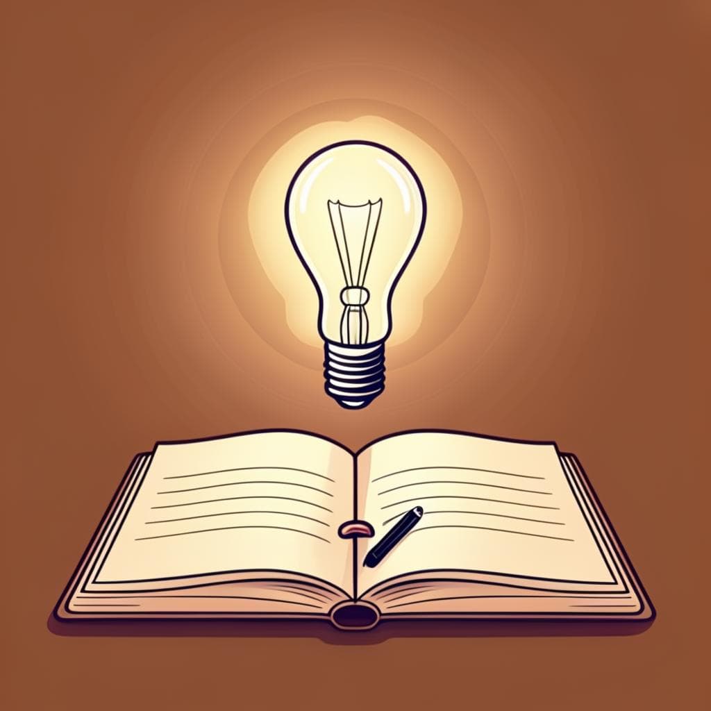 O ilustrație stilizată a unui bec, simbolizând momentul de inspirație "ah-ha" pentru un scriitor ESL. Fundalul prezintă un caiet pentru a reprezenta începutul unui nou proiect de scriere.