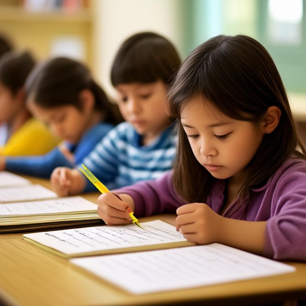 Estudiantes de escuela primaria participando en una serie de "Talleres de Escritura", donde están aprendiendo sobre diferentes géneros literarios y practicando varias técnicas de escritura bajo la guía de sus maestros.