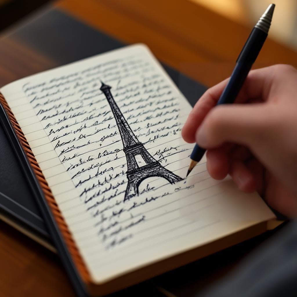 uma mão segurando um caderno com notas rabiscadas e palavras sublinhadas, com uma silhueta tênue da Torre Eiffel ao fundo